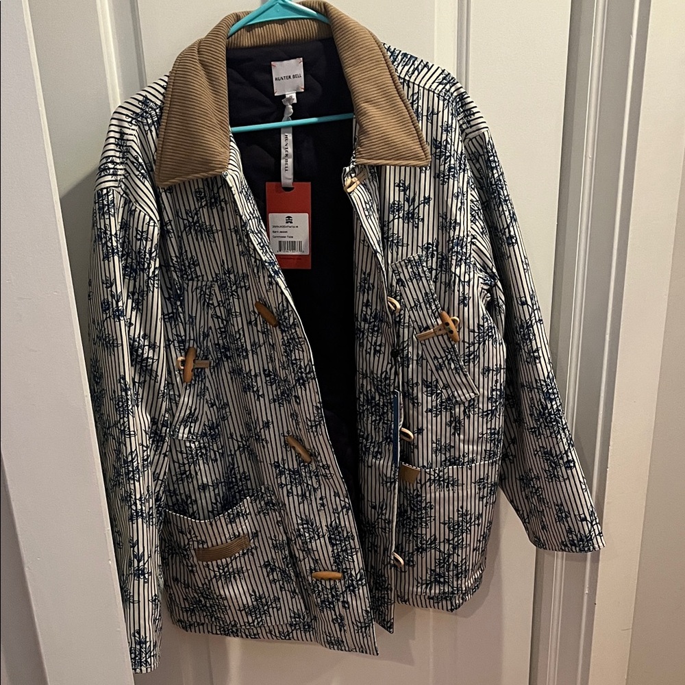 HUNTER BELL Cream and Navy Printed Toggle Jacket with Tan Corduroy Collar